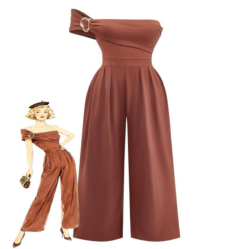 1970s One-Shoulder Buckle Wide-Leg Jumpsuit