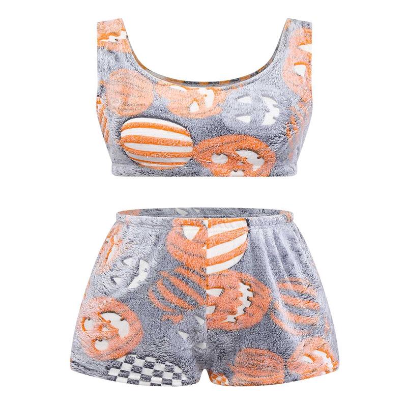 2PCS Grey 1970s Glowing Halloween Pumpkin Flannel Pajama Set