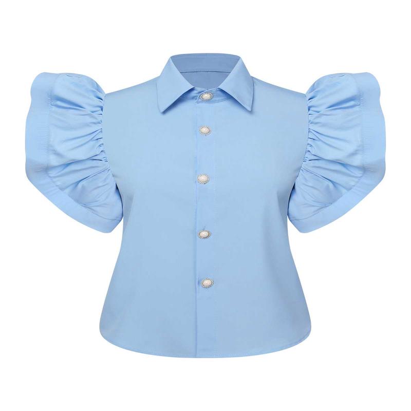 Blue 1950s Lapel Ruffles Sleeve Solid Blouse