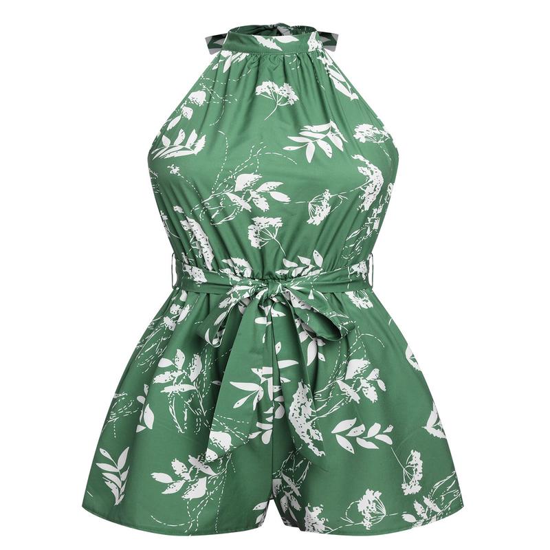 Green 1960s Halter Plants Belted Romper